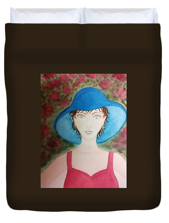 Blue Hat Duvet Cover featuring the painting Blue Hat by Susan Nielsen