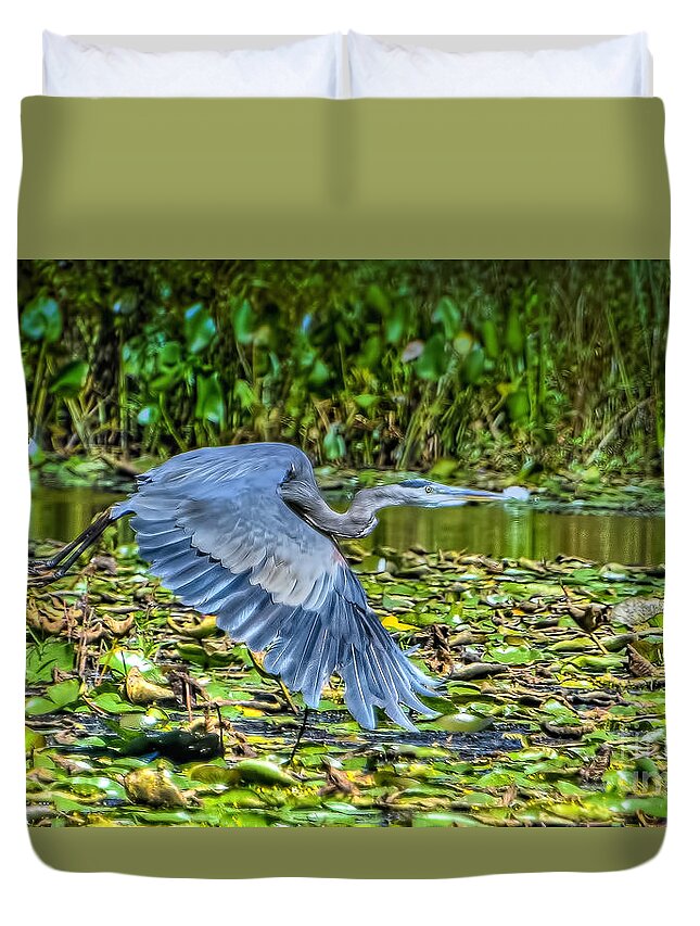 Peggy Franz Photography Duvet Cover featuring the photograph Blue Heron in Flight by Peggy Franz