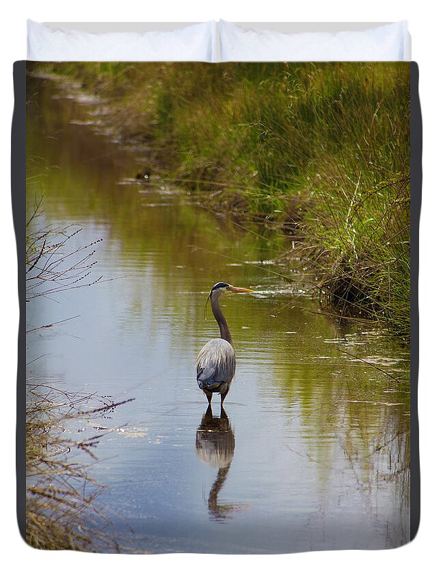 Blue Heron In Stream Duvet Cover featuring the photograph Blue Heron in Stream 2 by Donna L Munro