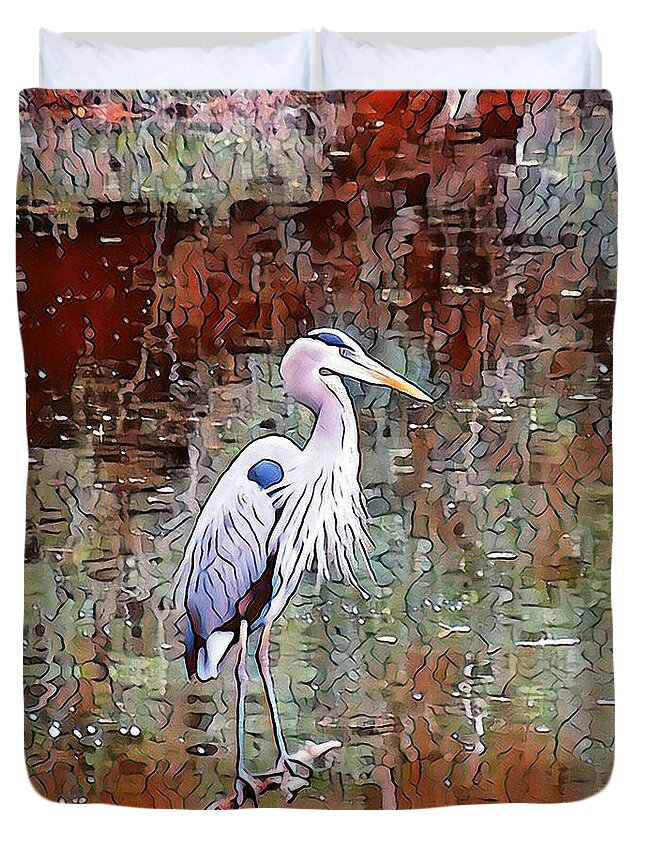 Blue Heron Duvet Cover featuring the mixed media Blue Heron IV by Don Wright