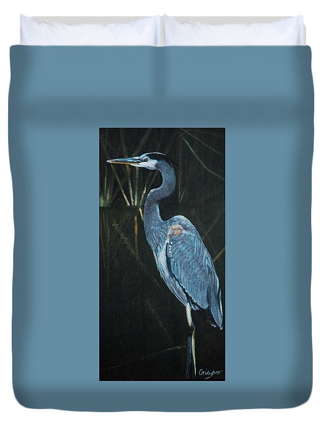 Bird Duvet Cover featuring the painting Blue heron by Jean Yves Crispo