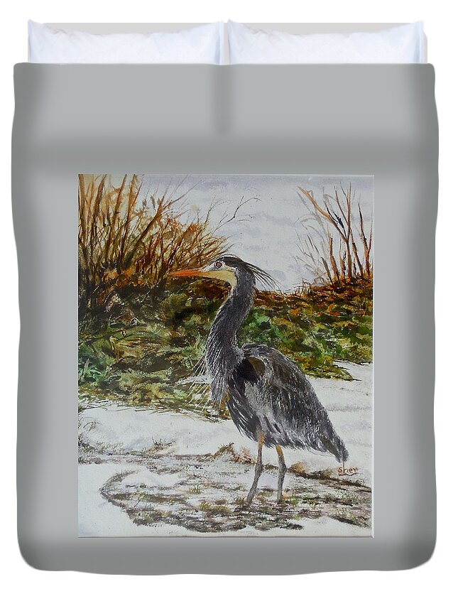Watercolour Painting Duvet Cover featuring the painting Blue Heron by Sher Nasser