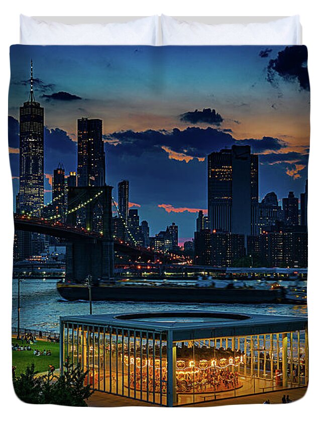 Janes Carousel Duvet Cover featuring the photograph Blue Hour At Brooklyn Bridge Park by Chris Lord