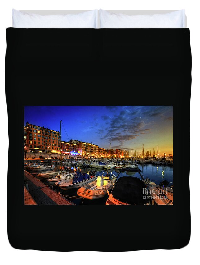 Yhun Suarez Duvet Cover featuring the photograph Blue Hour At Port Nice 1.0 by Yhun Suarez