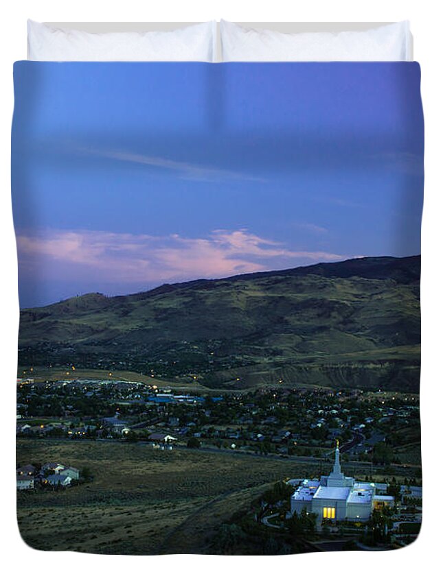  Duvet Cover featuring the photograph Blue Hour Landscape Overlooking The Church of Jesus Christ of Latter-day Saints and Eastern Sierras by Brian Ball