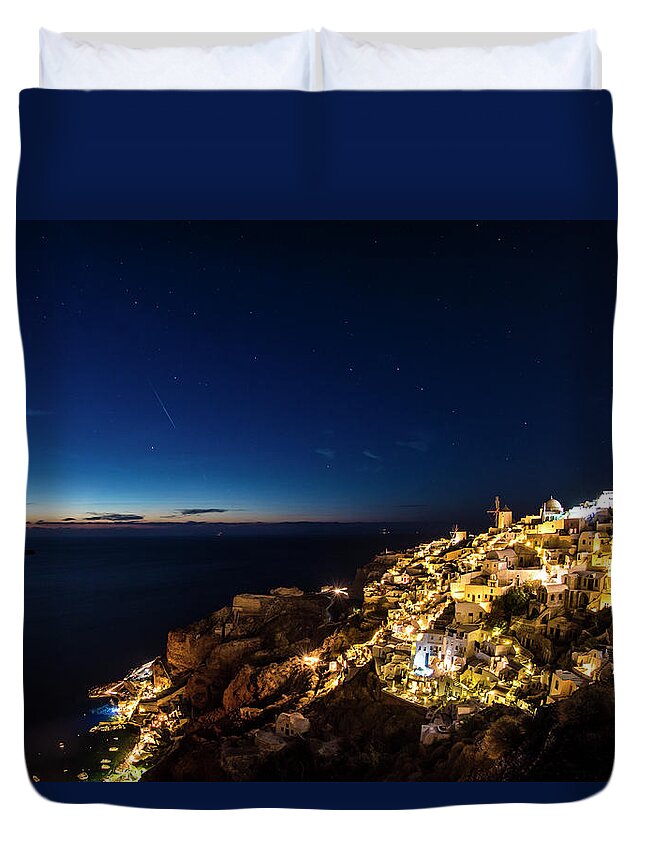 Santorini Duvet Cover featuring the photograph Blue hour on Santorini by Matt McDonald