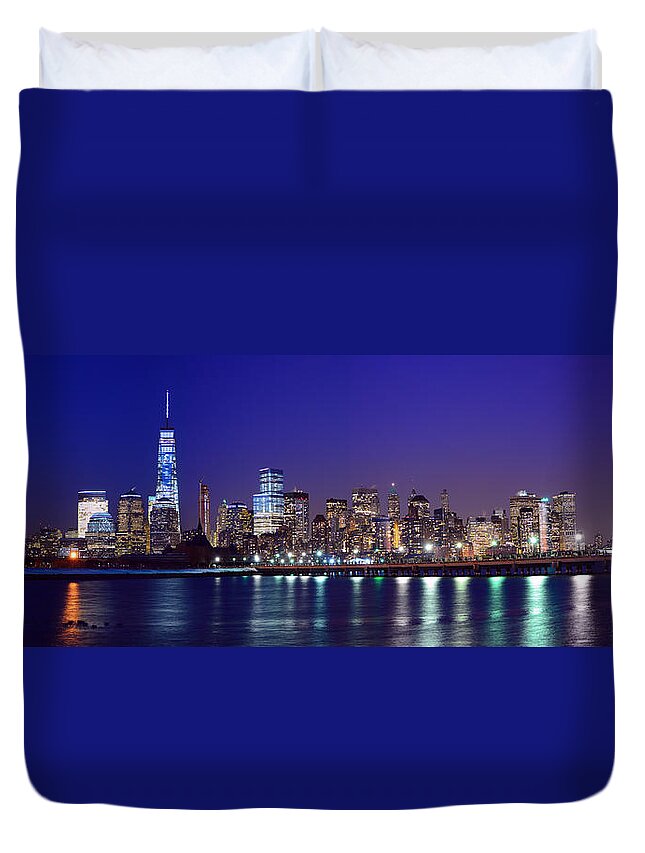 Blue Hour Panorama World Trade Center Duvet Cover featuring the photograph Blue Hour Panorama New York World Trade Center with Freedom Tower from Liberty State Park by Raymond Salani III