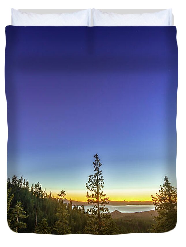  Duvet Cover featuring the photograph Blue Hour Summer Sunset Over Lake Tahoe with Lots of Trees by Brian Ball