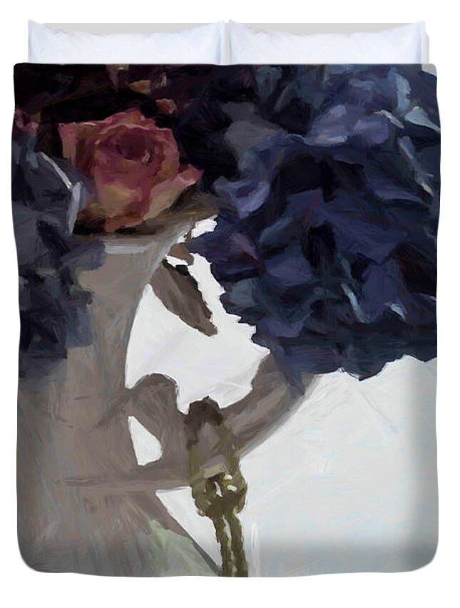 Hydrangeas Duvet Cover featuring the digital art Blue Hydrangeas - Digital Gouache by Sandra Foster
