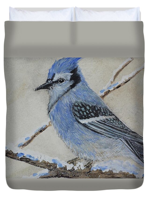 Bird Duvet Cover featuring the painting Blue Jay Rest by Kellie Chasse