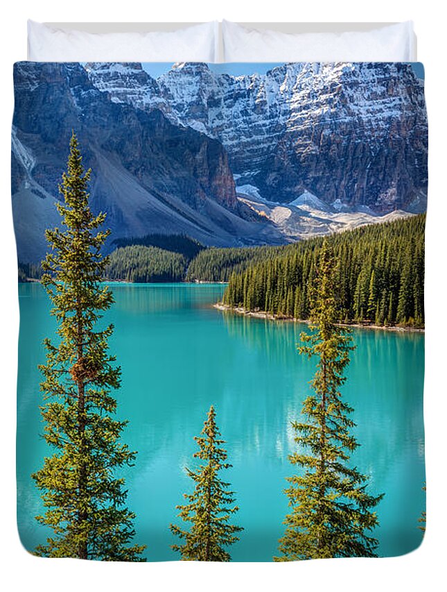 Moraine Lake Duvet Cover featuring the photograph Blue Moraine Lake by Pierre Leclerc Photography