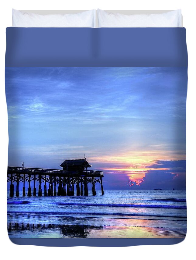 Blue Morning Over Cocoa Beach Pier Duvet Cover featuring the photograph Blue Morning Over Cocoa Beach Pier by Carol Montoya