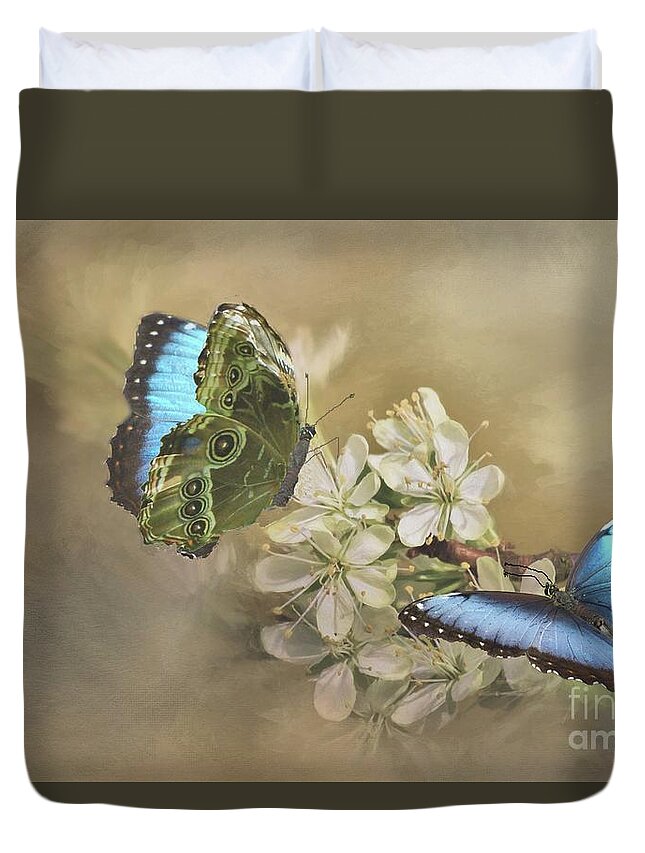 Butterfly Duvet Cover featuring the digital art Blue Morpho in Spring by Janette Boyd