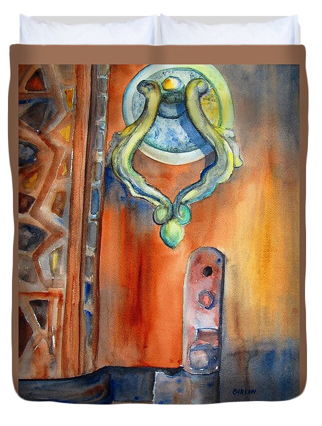 Door Duvet Cover featuring the painting Blue Mosque Door by Carlin Blahnik CarlinArtWatercolor