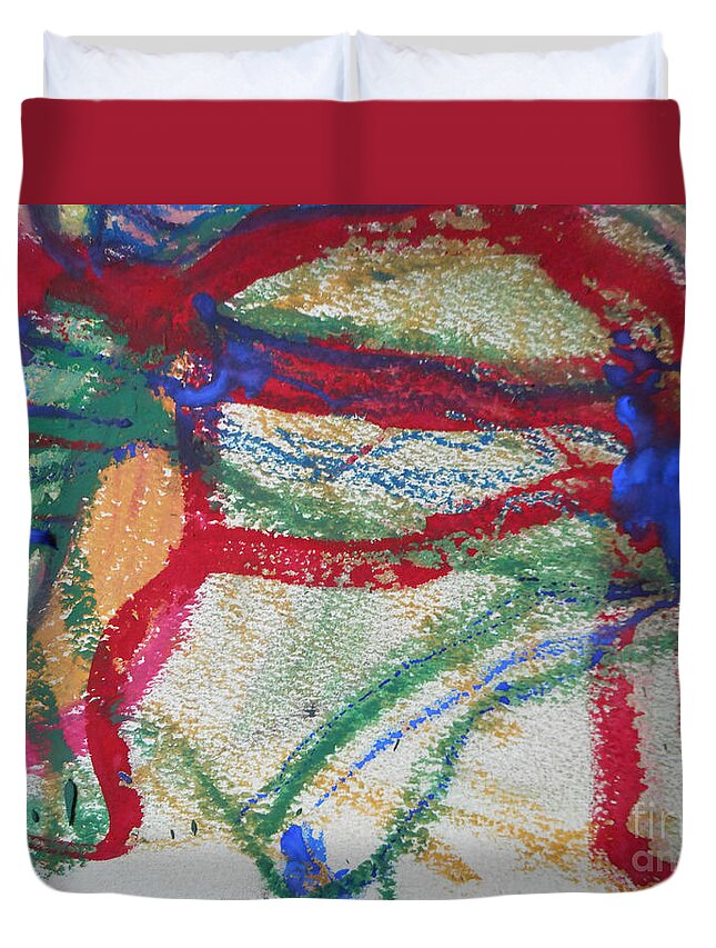 Katerina Stamatelos Duvet Cover featuring the painting Blue on Red by Katerina Stamatelos