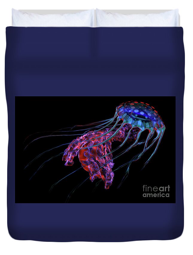 Jellyfish Duvet Cover featuring the digital art Blue Red Jellyfish on Black by Corey Ford