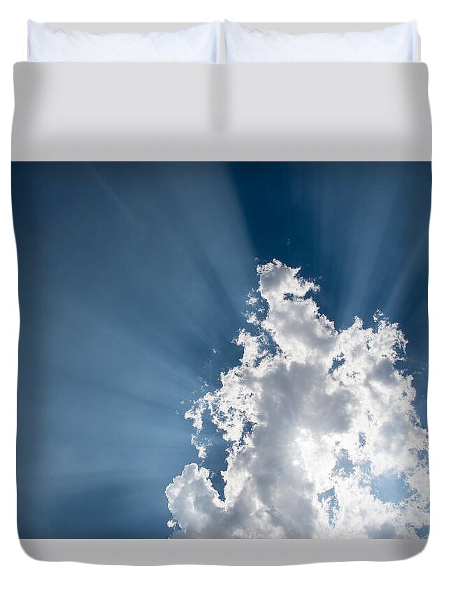 Atmosphere Duvet Cover featuring the photograph Blue sky with white clouds and sun rays by Michalakis Ppalis