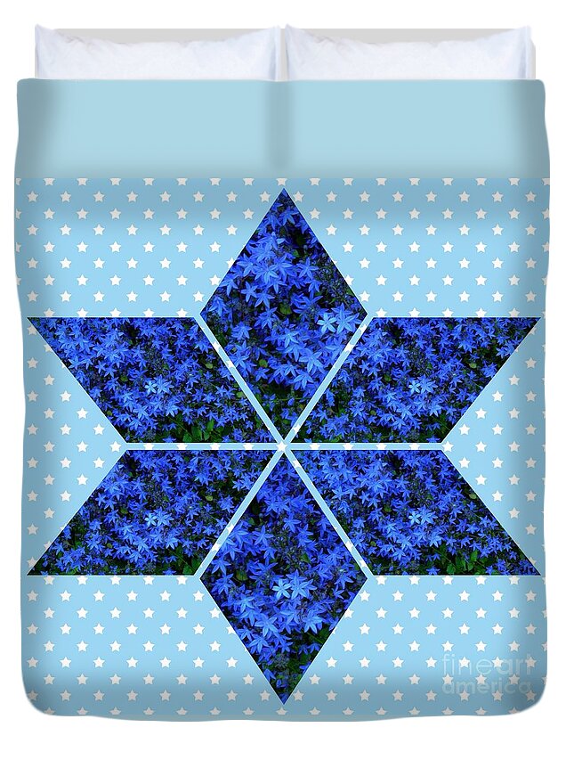 Blue Star Flowers Duvet Cover featuring the mixed media Blue Star Flowers Star by Joan-Violet Stretch