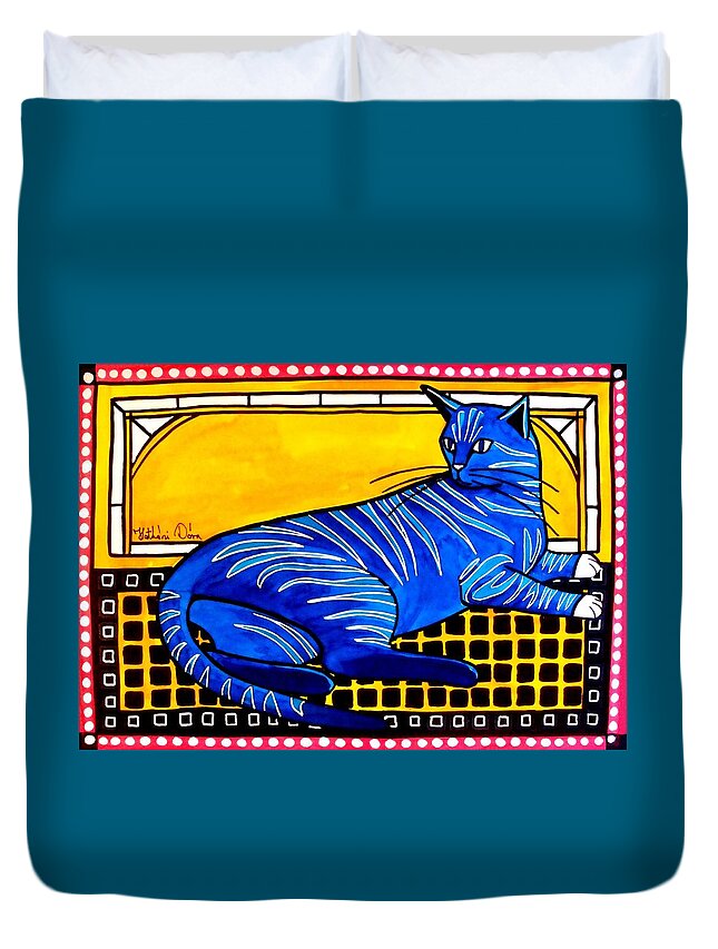 For Kids Duvet Cover featuring the painting Blue Tabby - Cat Art by Dora Hathazi Mendes by Dora Hathazi Mendes