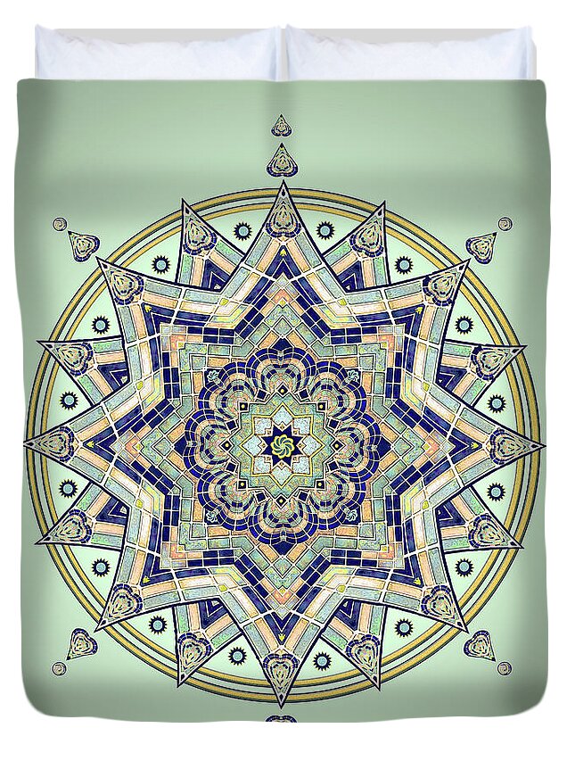 Tile Duvet Cover featuring the drawing Blue Tile Star Mandala by Deborah Smith