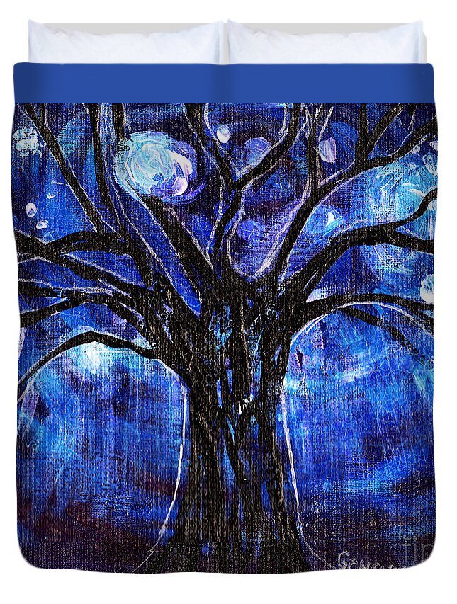 Tree Duvet Cover featuring the painting Blue Tree At Night by Genevieve Esson