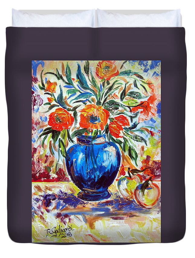 Still Life Duvet Cover featuring the painting Blue Vase Flowers and apples by Roberto Gagliardi