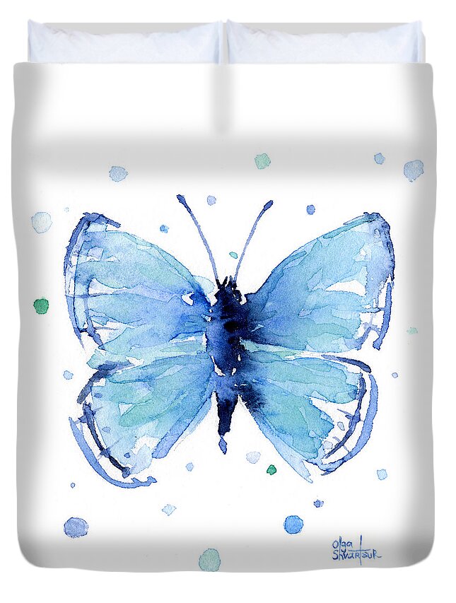 Watercolor Duvet Cover featuring the painting Blue Watercolor Butterfly by Olga Shvartsur