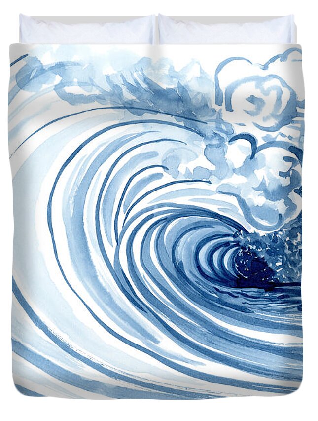 Modern Duvet Cover featuring the painting Blue Wave Modern Loose Curling Wave by Audrey Jeanne Roberts