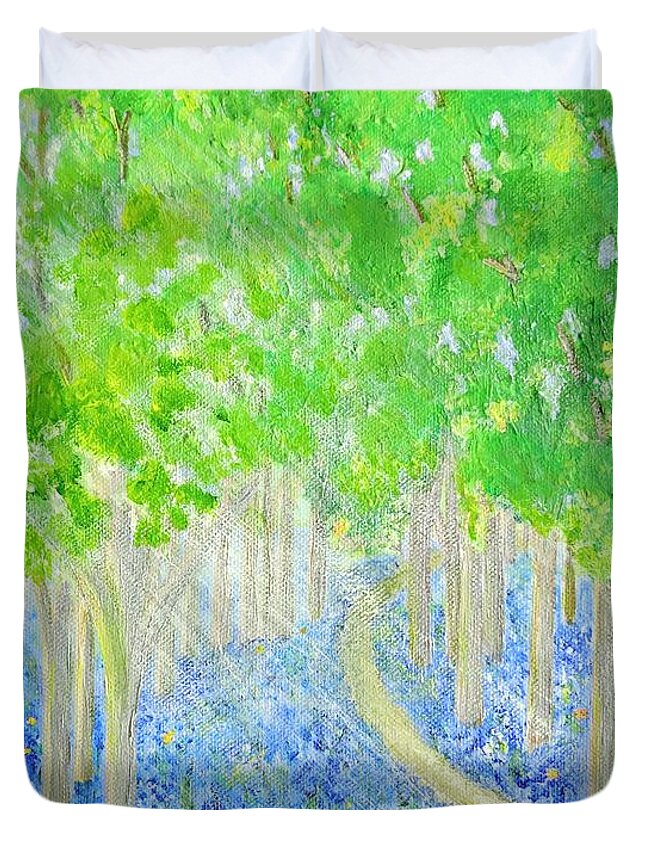 Bluebell Duvet Cover featuring the painting Bluebell Wood with Butterflies by Karen Jane Jones