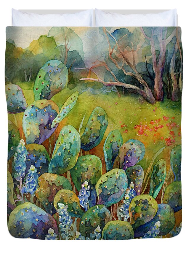 Cactus Duvet Cover featuring the painting Bluebonnets and Cactus by Hailey E Herrera