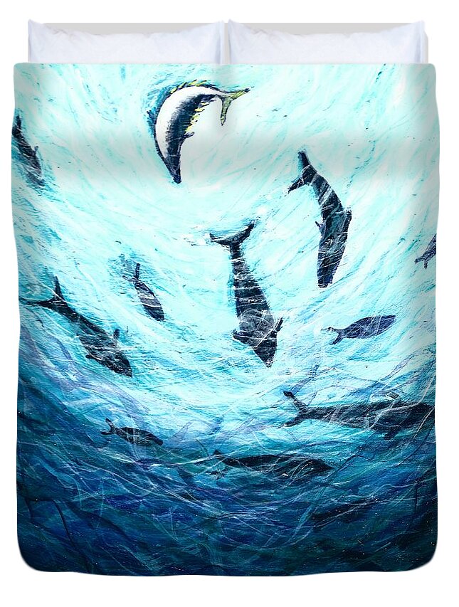 #bluefintuna #oceans #bluefin #tuna #sushi #worldoceansday #fish #conservation #oceanconservation Duvet Cover featuring the painting Bluefin Tuna by Allison Constantino