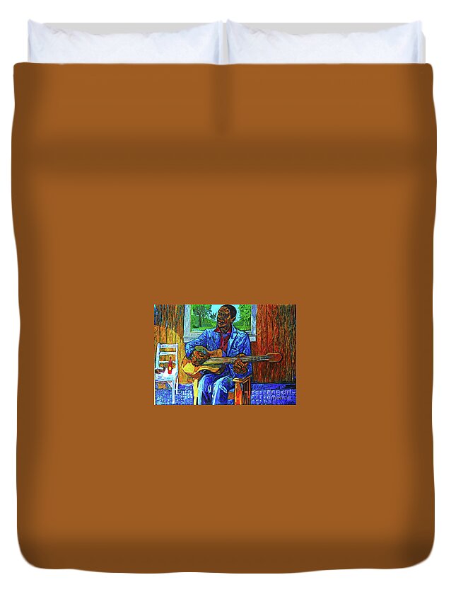 Blues Duvet Cover featuring the painting Bluesman, fish and hot sause by Joe Roache
