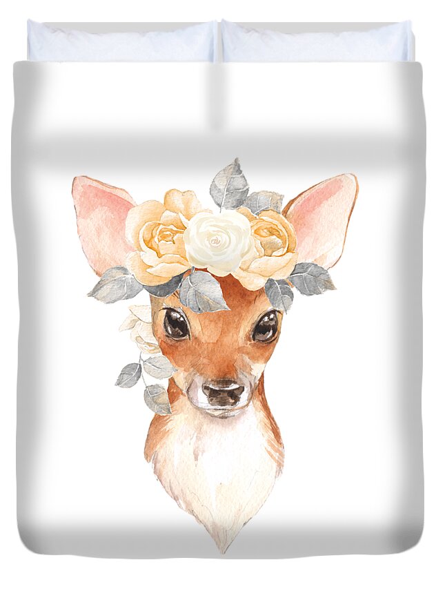 Deer Duvet Cover featuring the digital art Blush Floral Deer by Pink Forest Cafe
