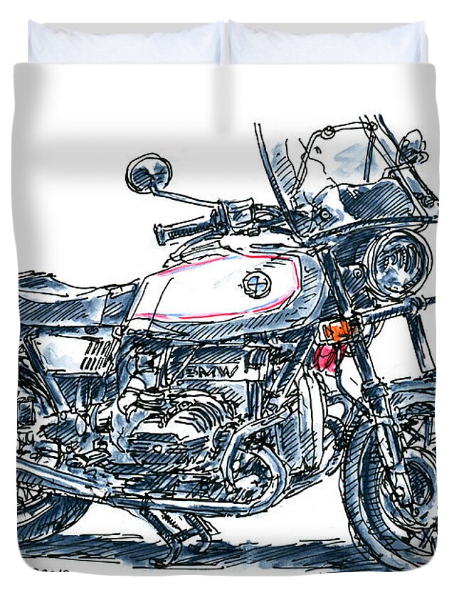 Bmw R 65 Classic Motorcycle Ink Drawing And Watercolor Duvet Cover