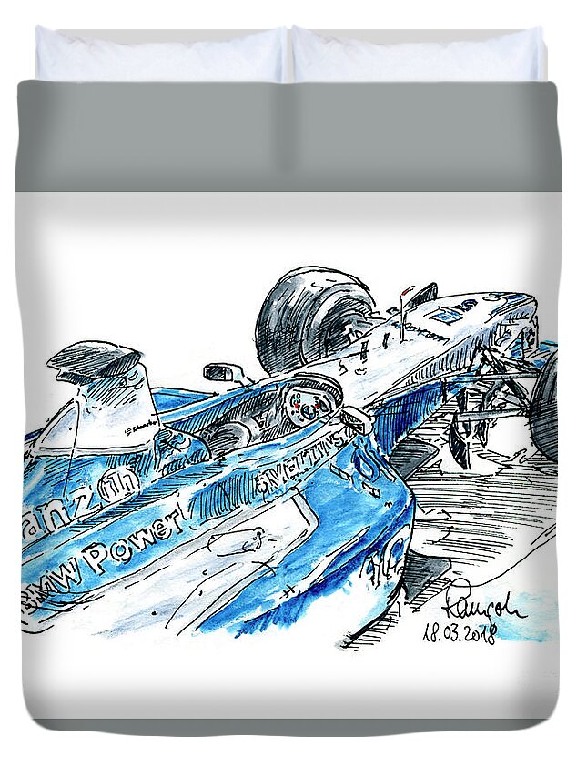 Formula 1 Duvet Cover featuring the drawing BMW-Williams FW 23-05 F1 Racecar Ink Drawing and Watercolor by Frank Ramspott