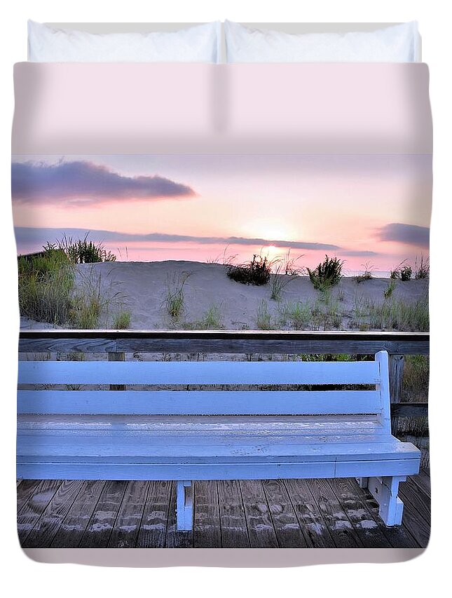 Boardwalk Duvet Cover featuring the photograph A Welcome Invitation - The Boardwalk Bench by Kim Bemis
