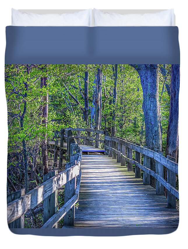Landscape Duvet Cover featuring the photograph Boardwalk Going Into the Woods by Lester Plank