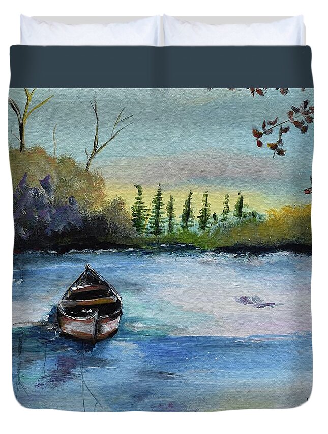 Boat Duvet Cover featuring the painting Boat Abandoned on the Lake by Jan Dappen