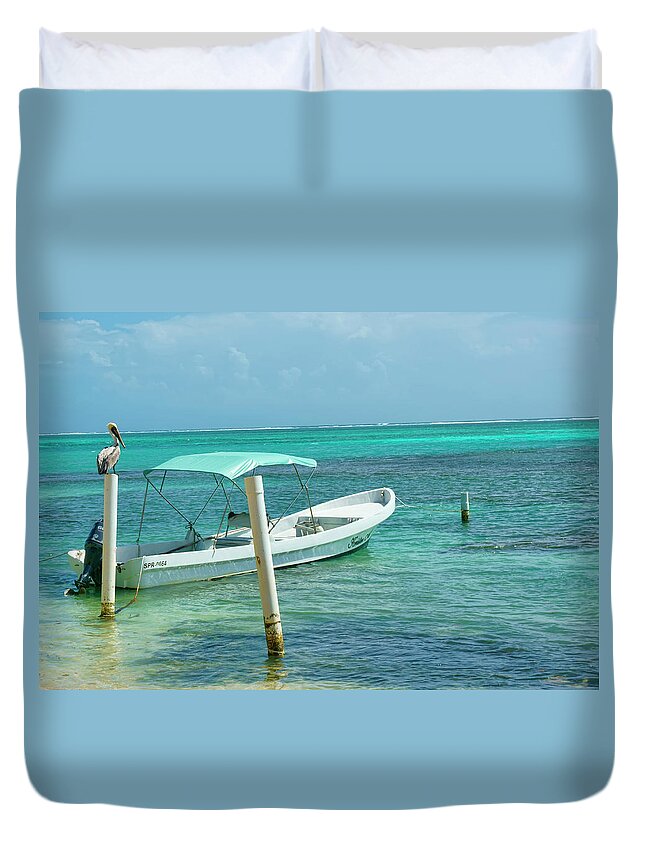 Belize Duvet Cover featuring the photograph Boat and Pelican on Ambergris Caye Belize by Waterdancer