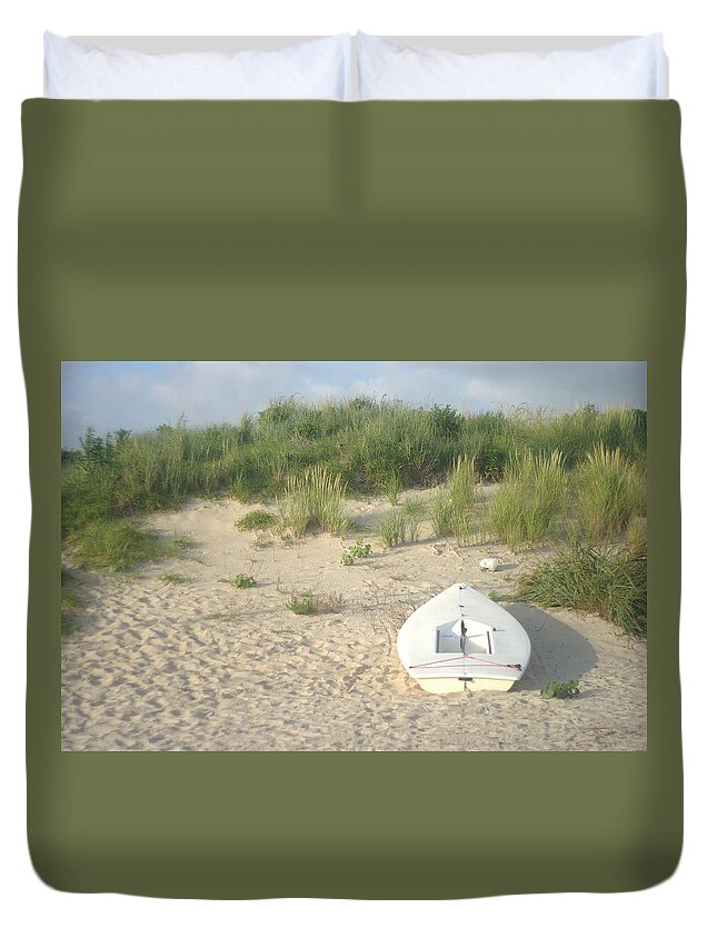 Skiff Duvet Cover featuring the photograph Boat At Chicks Beach VA Beach Chesapeake Bay by Suzanne Powers