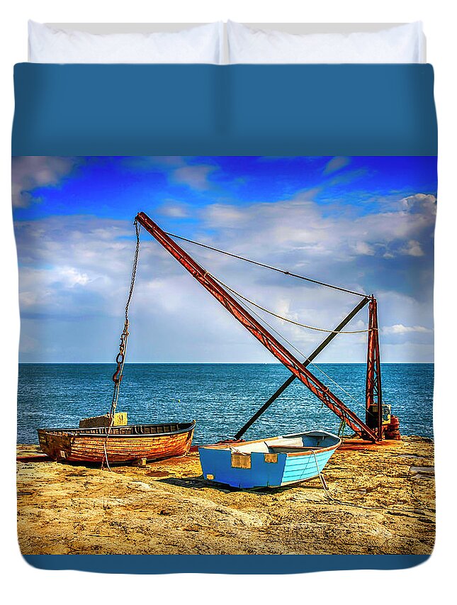 Cliffs Duvet Cover featuring the photograph Boat crane at Portland UK by Chris Smith