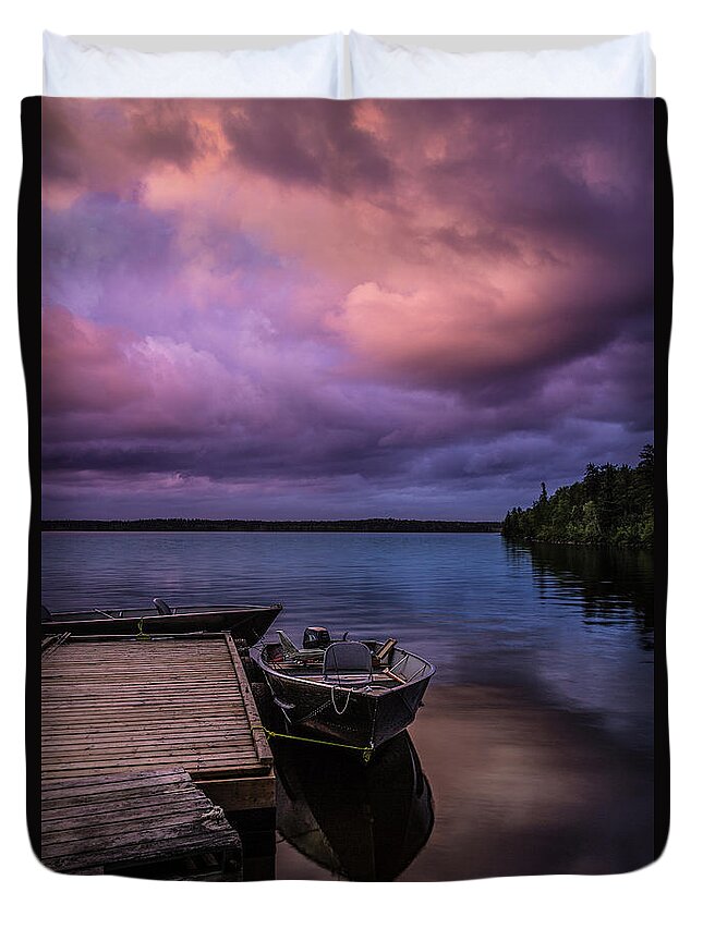Lake Duvet Cover featuring the photograph Boat Dock at Sunrise by Rick Strobaugh