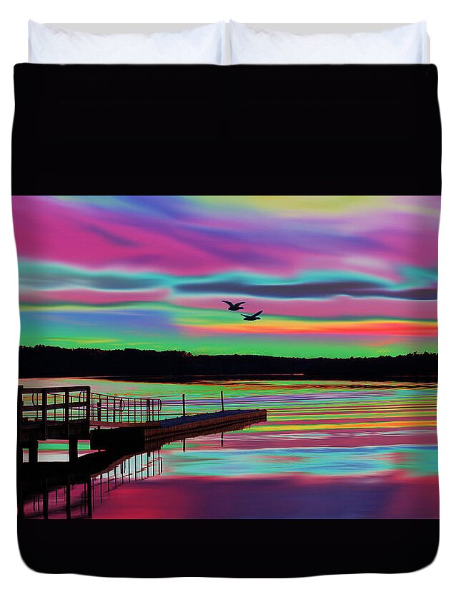 Water Duvet Cover featuring the digital art Boat Dock by Gregory Murray