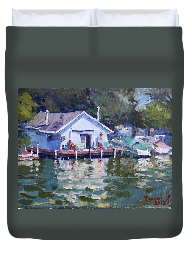 Boat House Duvet Cover featuring the painting Boat House at Tonawanda Canal by Ylli Haruni