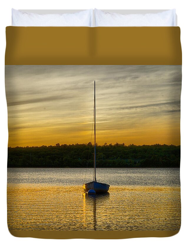Sunset Duvet Cover featuring the photograph Boat in the Gold Lake by Lilia S
