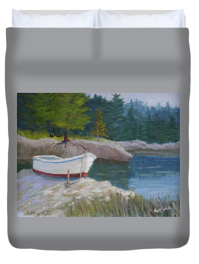 Landscape Boat River Rocks Trees Grass Dock Duvet Cover featuring the painting Boat On Tidal River by Scott W White