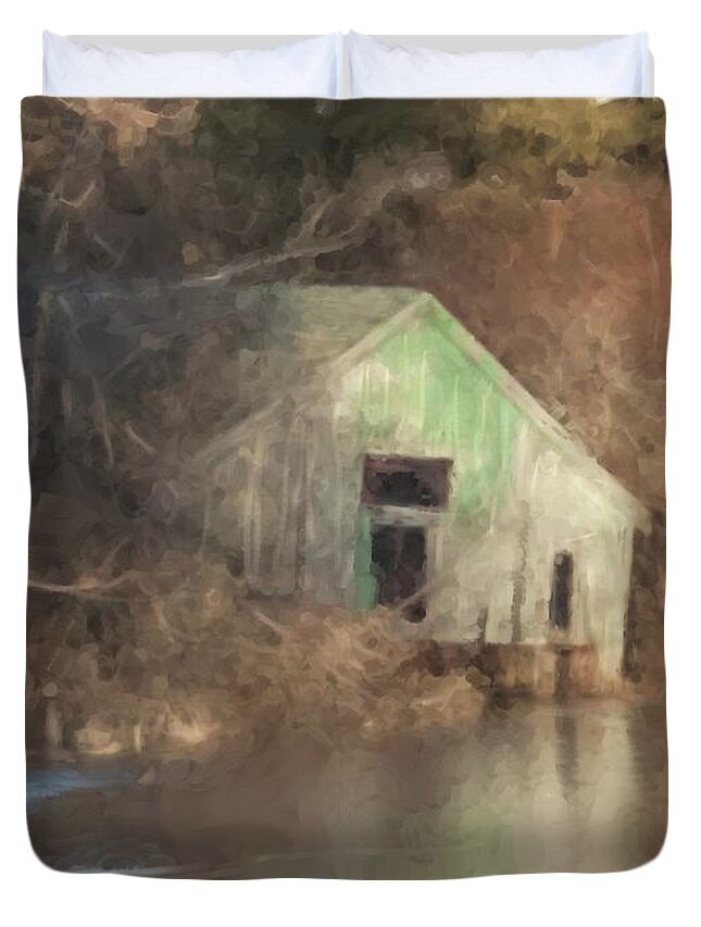 Landscape Duvet Cover featuring the painting Boathouse on Solstice by Bill McEntee