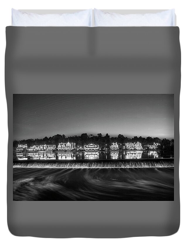 Boathouse Duvet Cover featuring the photograph Boathouse Row Sparkling in the Night in Black and White by Bill Cannon