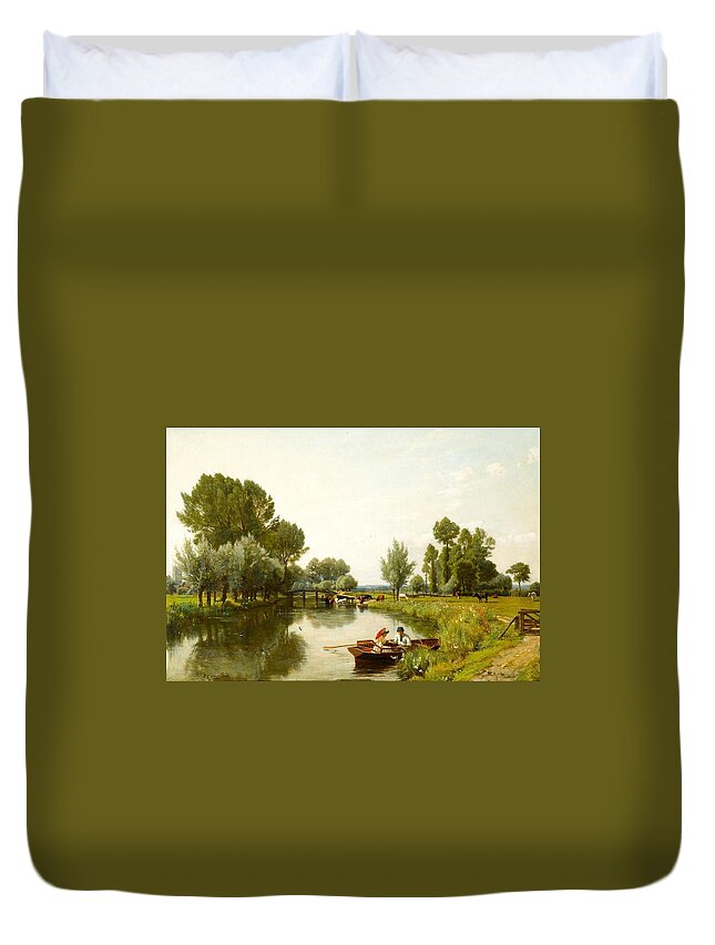 Rederick George Cotman Duvet Cover featuring the painting Boating on the Stour by MotionAge Designs