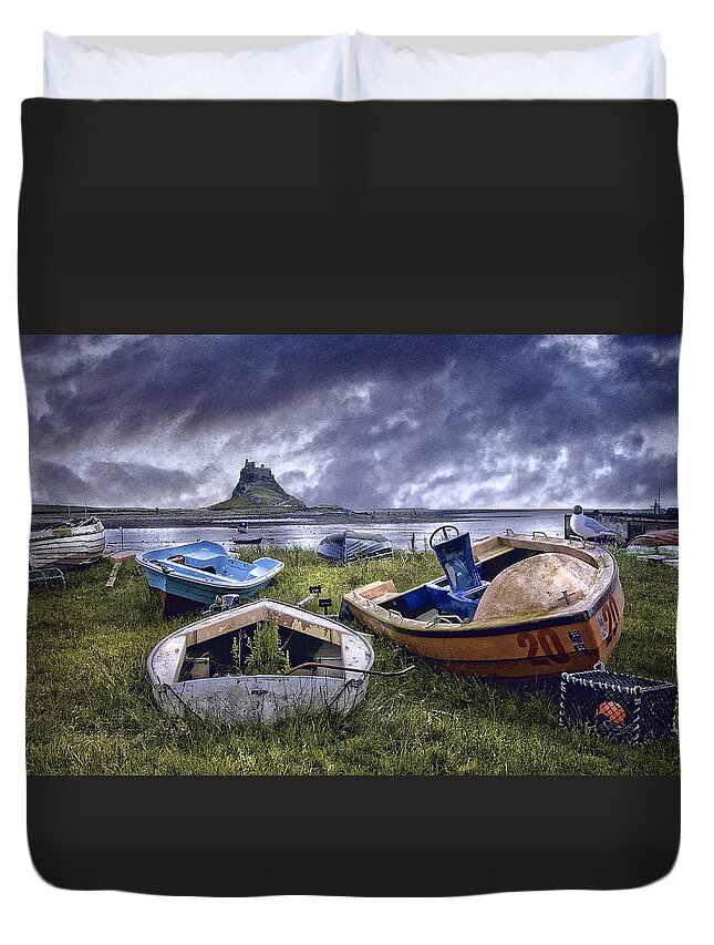 Lindisfarne Duvet Cover featuring the photograph Boats at Lindisfarne by Brian Tarr